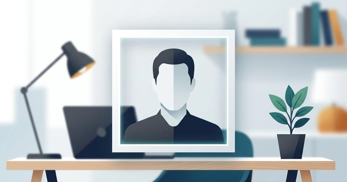 A clean professional headshot portrait framed neatly on a modern desk setup