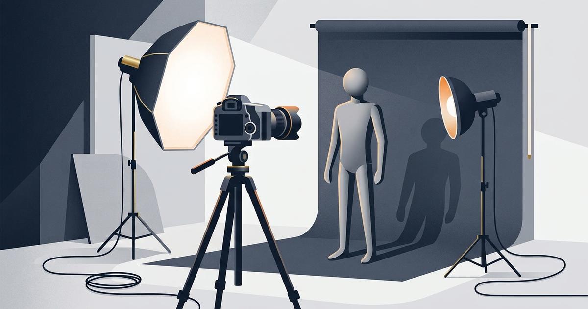 Studio photography lighting setup with camera and softboxes