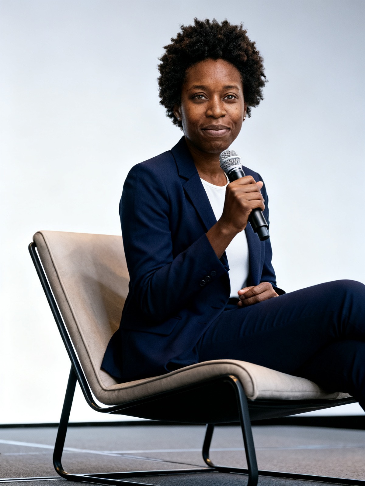 AI public speaker headshot seated on a panel stage
