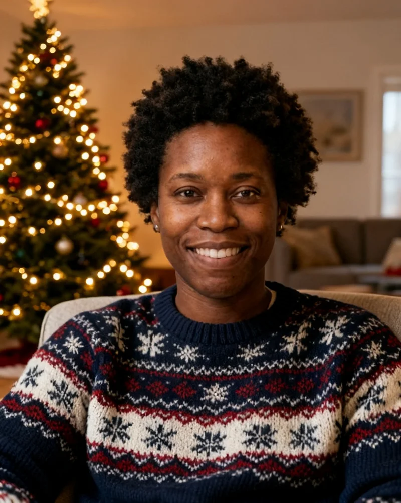 AI Christmas portrait beside a decorated Christmas tree