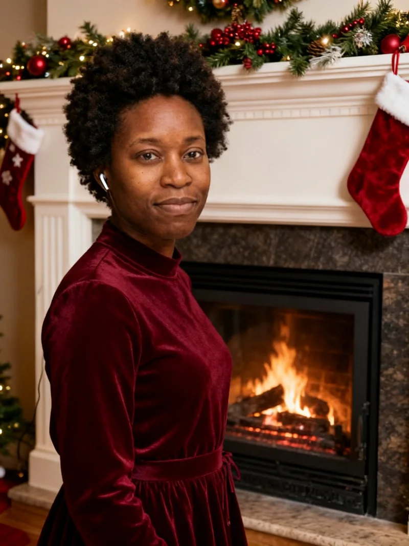 AI Christmas portrait beside a festive fireplace