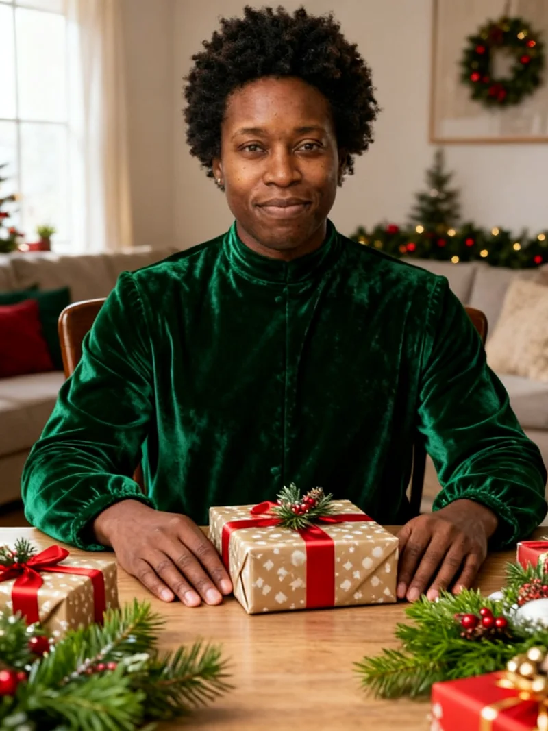 AI Christmas portrait at a table with wrapped gifts