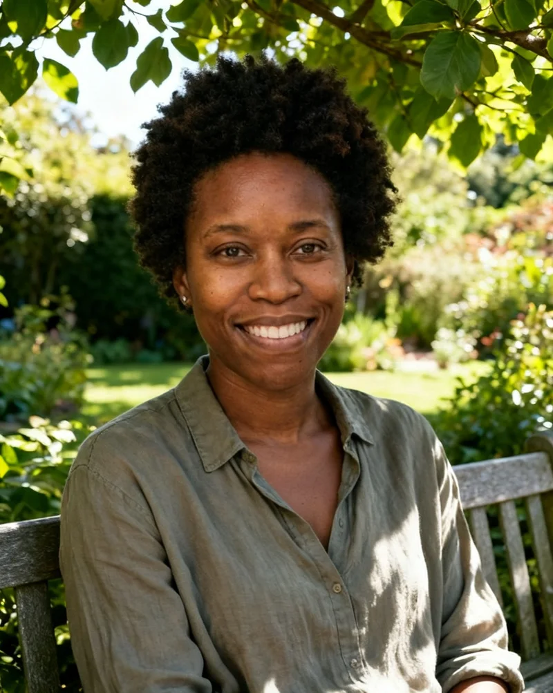 AI dating profile photo in a leafy garden