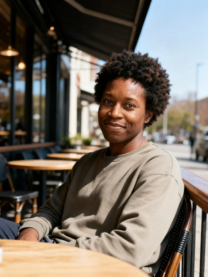 AI dating profile photo at an outdoor café