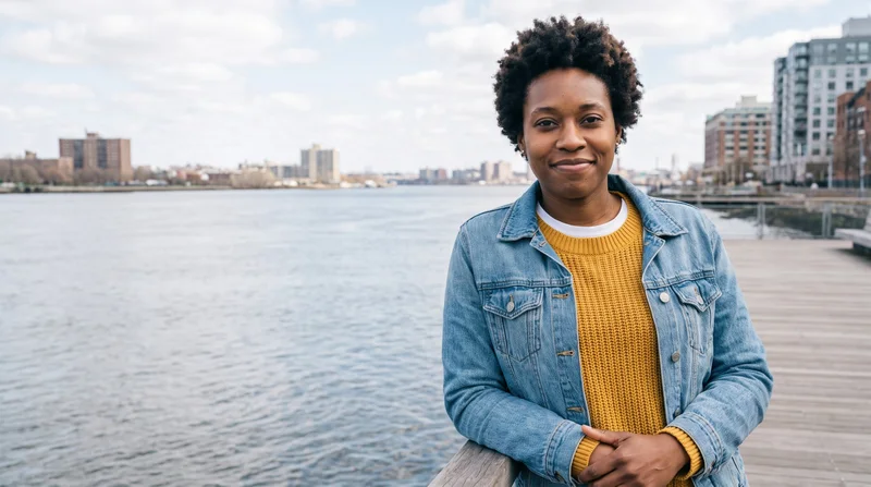 AI dating profile photo on a waterfront promenade