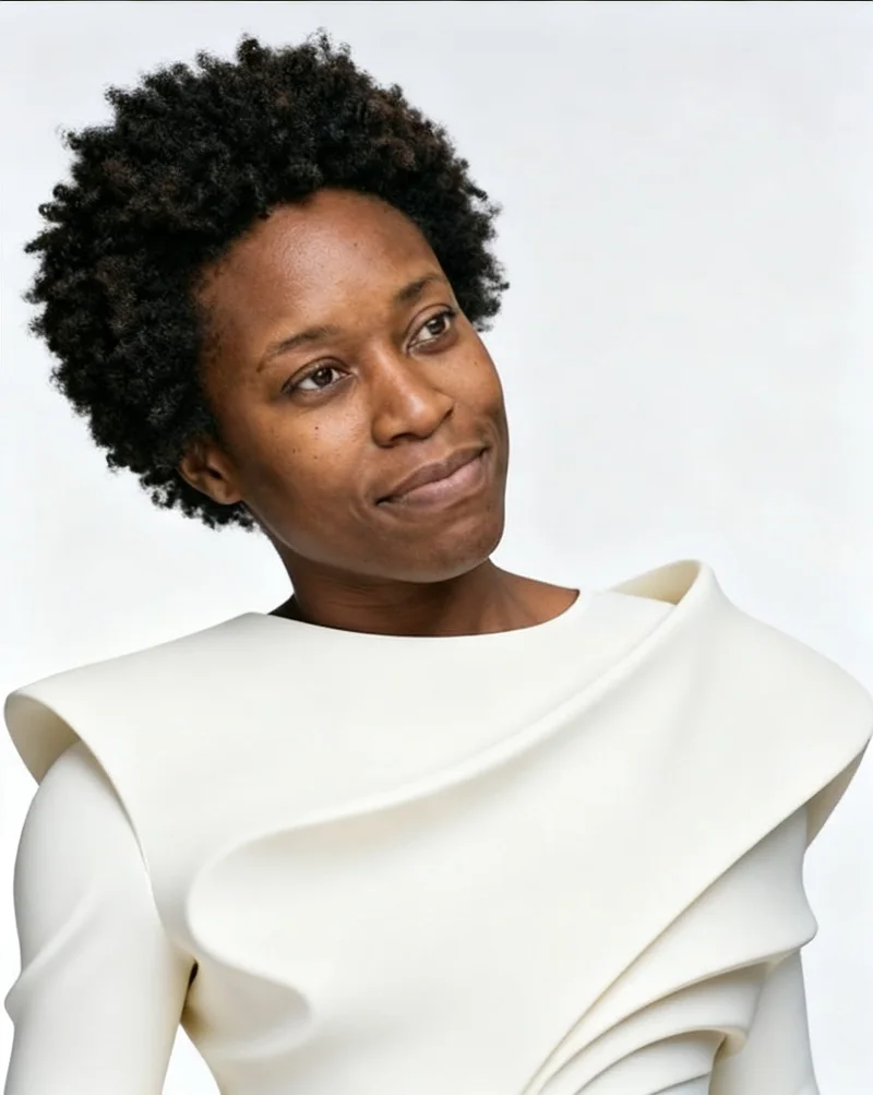 AI modeling headshot in a sculptural white outfit