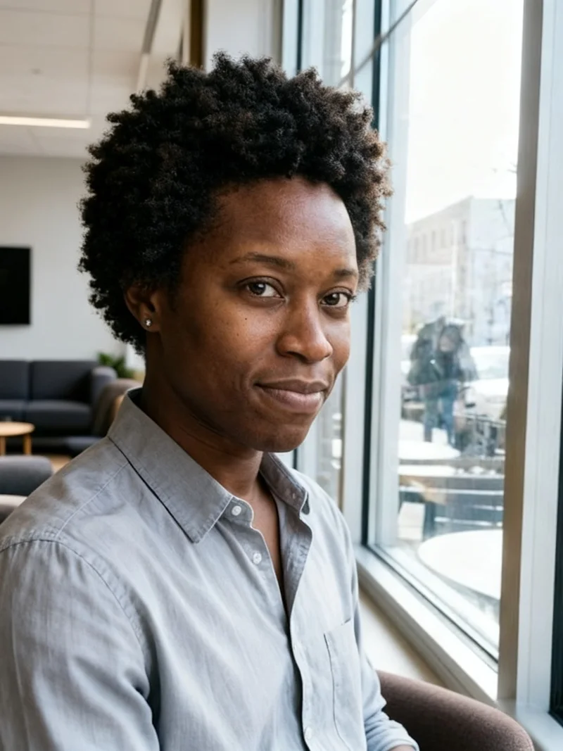 AI professional headshot beside an office window