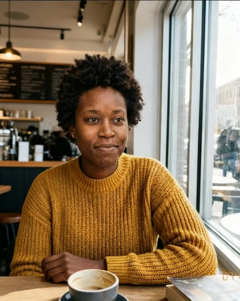 AI social media photo at a café in a knitted sweater
