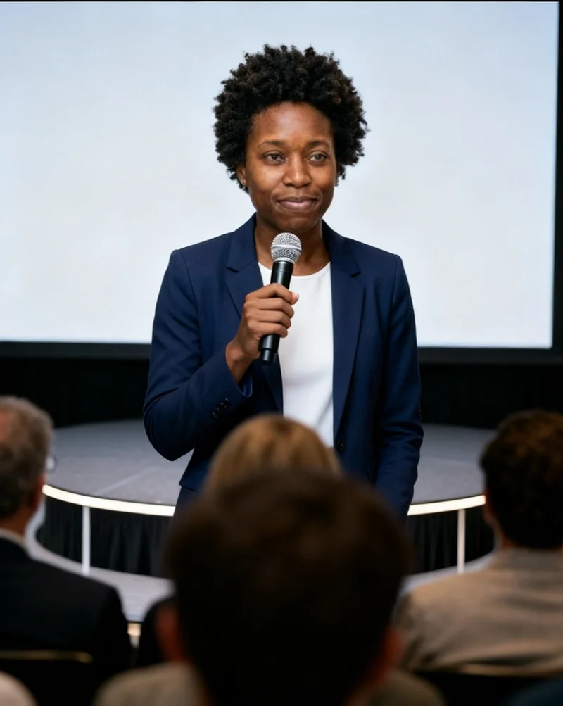 AI public speaker headshot on a conference stage with a microphone