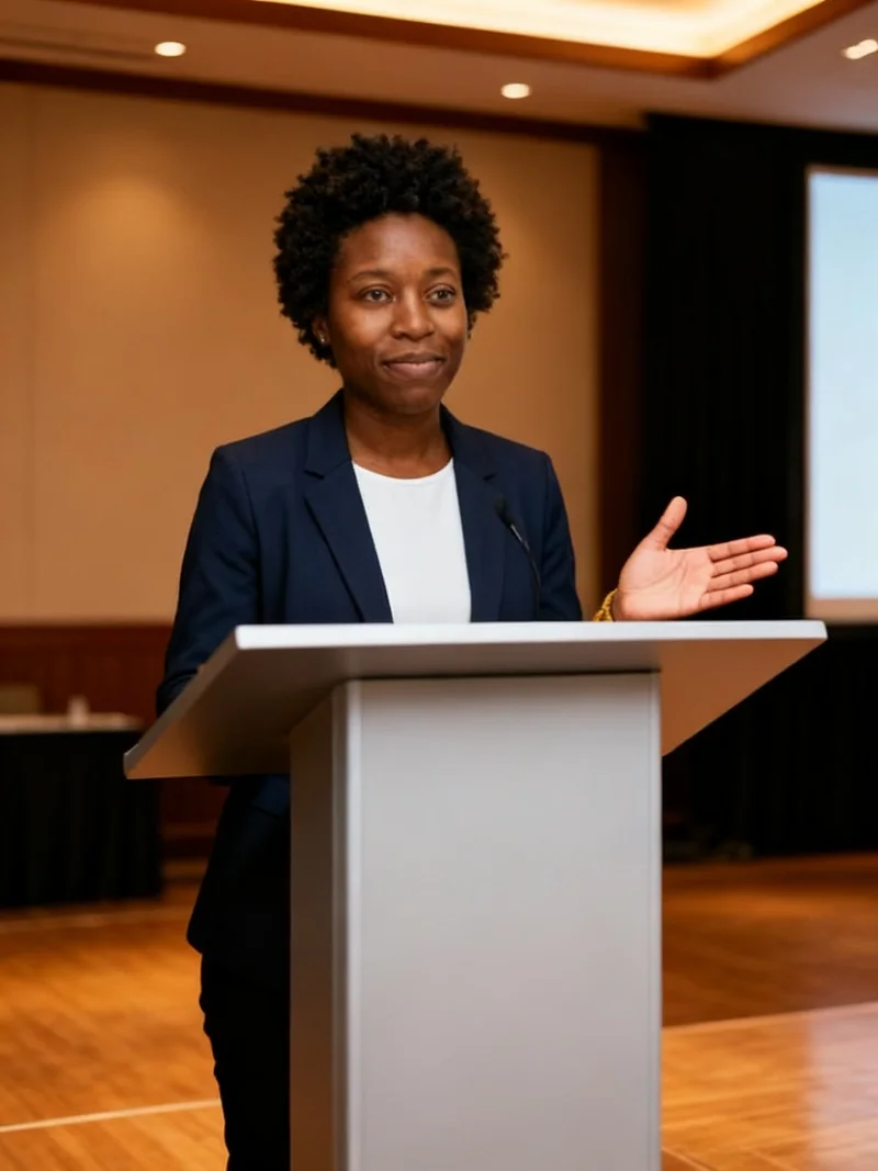 AI public speaker headshot speaking behind a lectern