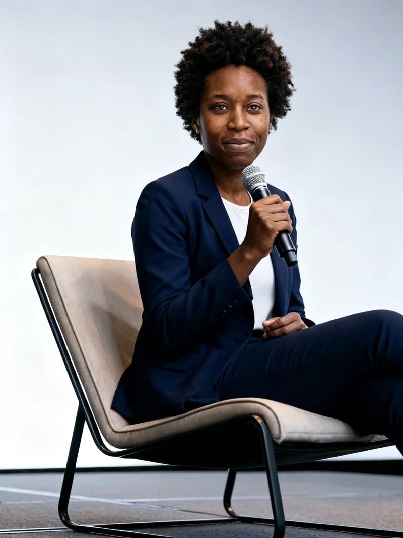 AI public speaker headshot seated on a panel stage