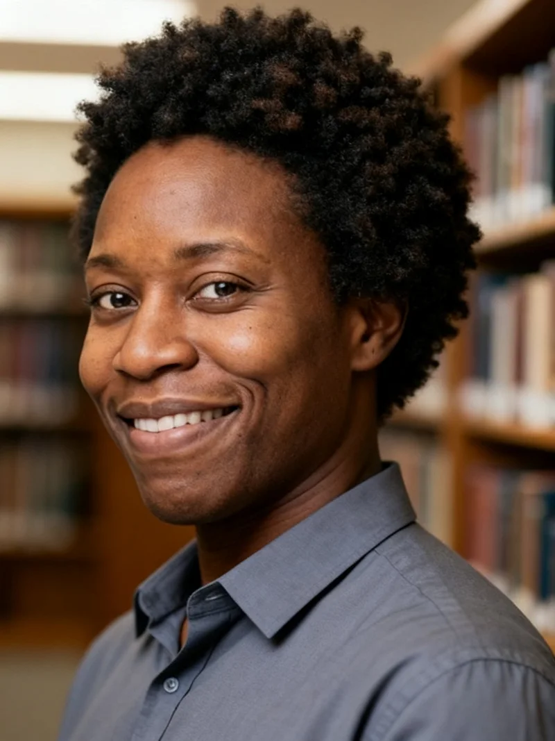 AI yearbook portrait in an academic library