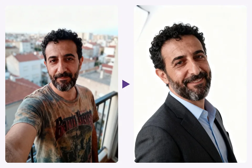 An everyday selfie and the headshotpro alternative portrait still. made from it