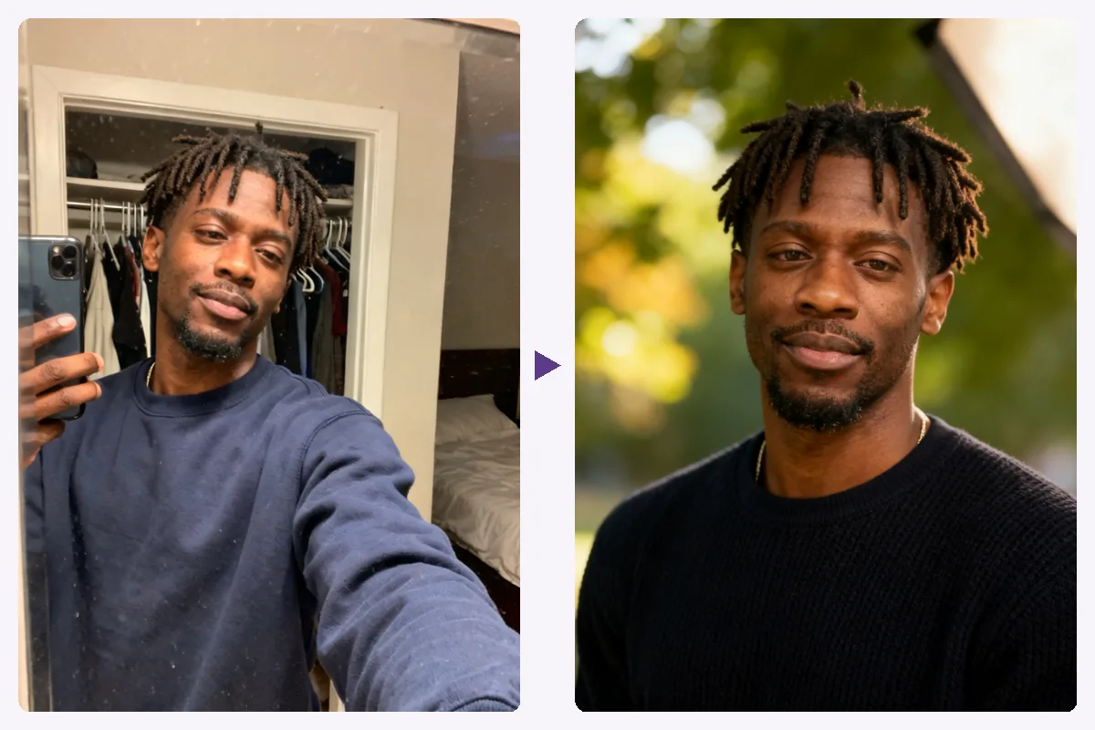 An everyday selfie and the headshot app portrait still. made from it