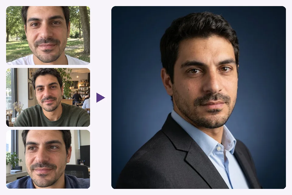 Three everyday photos of one person and the portrait still. made from them, with no training on the face