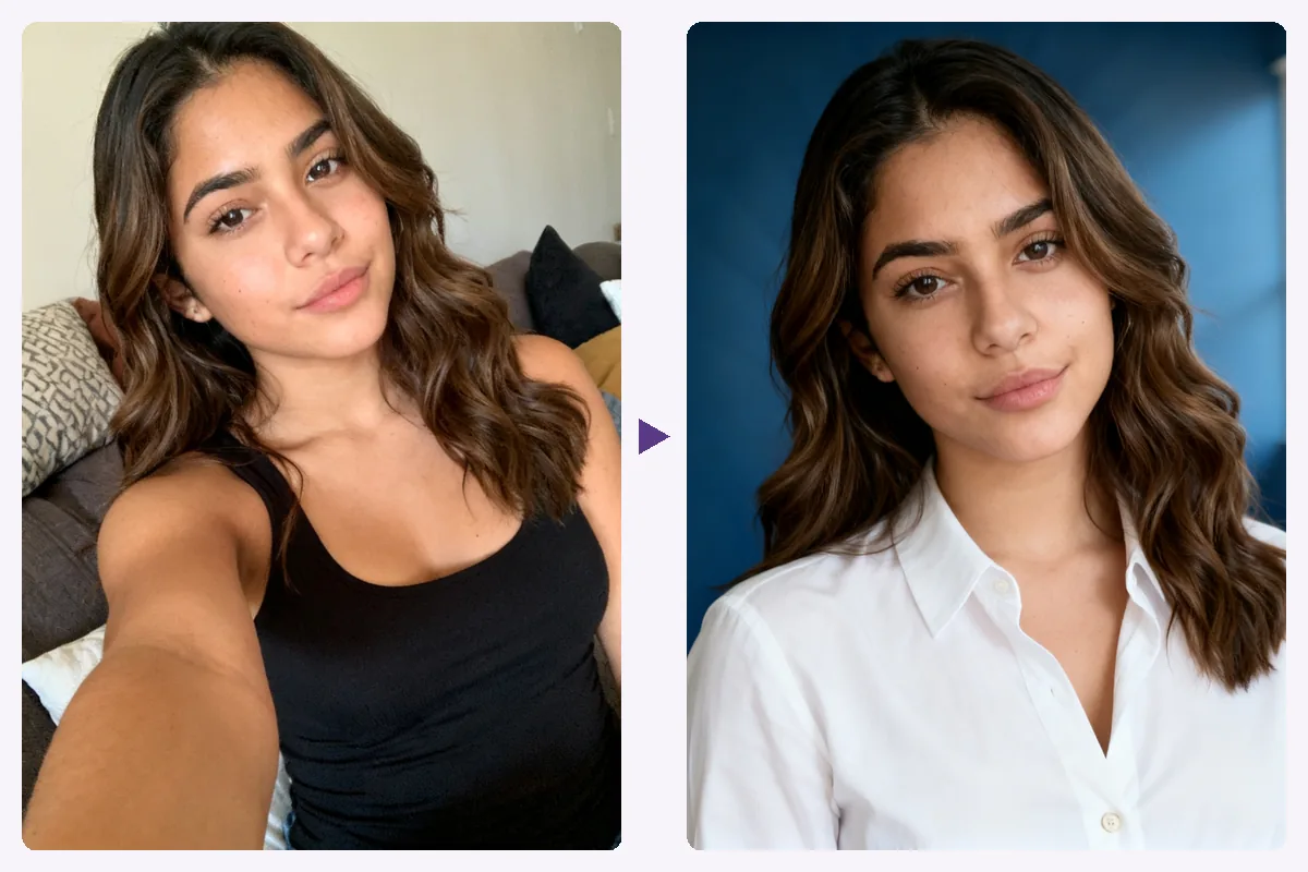 An everyday selfie and the instant headshots portrait still. made from it