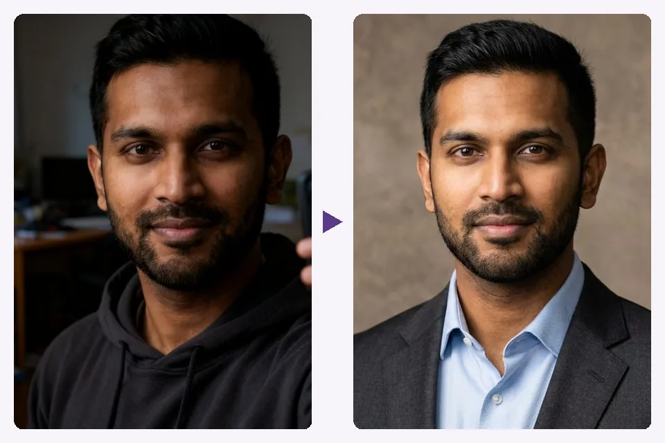 An everyday selfie and the professional headshots for a resume portrait still. made from it