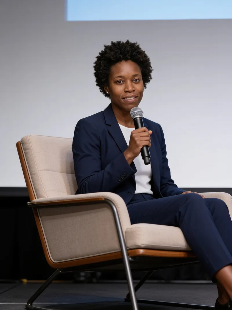 AI public speaker headshot seated on a panel stage
