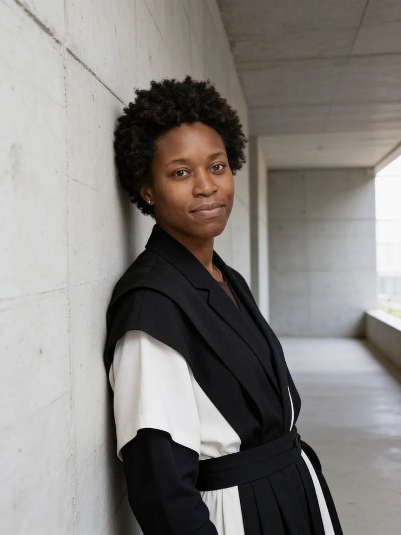 AI modeling portfolio portrait against concrete architecture