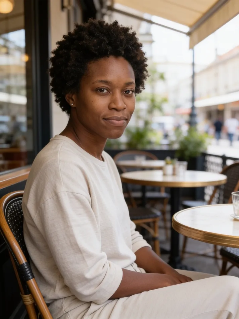 AI dating profile photo at an outdoor cafe