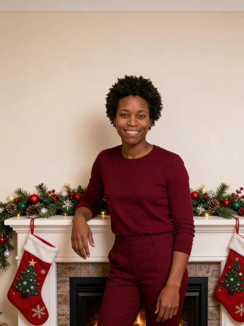 AI Christmas portrait beside a festive fireplace