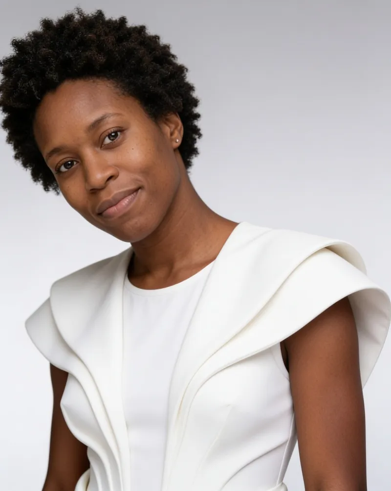 AI modeling headshot in a sculptural white outfit