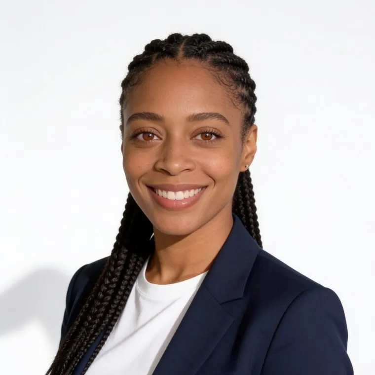 Woman with long braids in a navy blazer, in a professional headshot made by still.