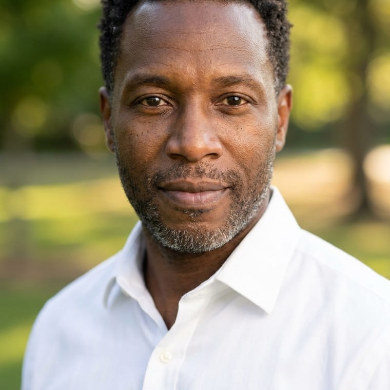 The same agent with an outdoor setting thrown fully out of focus behind them, lit with a soft key light, facing the camera square on.