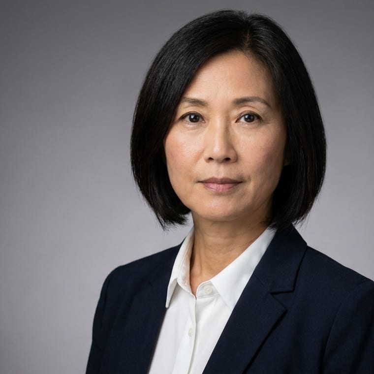 Headshots for business professionals: woman in a navy blazer and white shirt on a grey studio backdrop