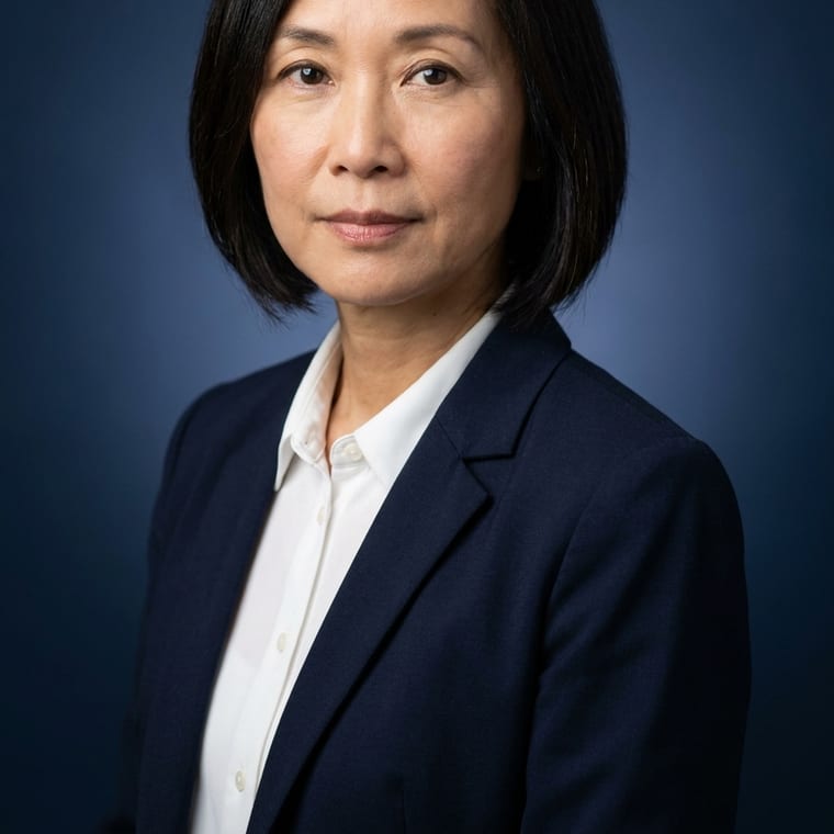 The same person on a blue studio backdrop, lit with a soft key light, body turned three-quarters to the camera.