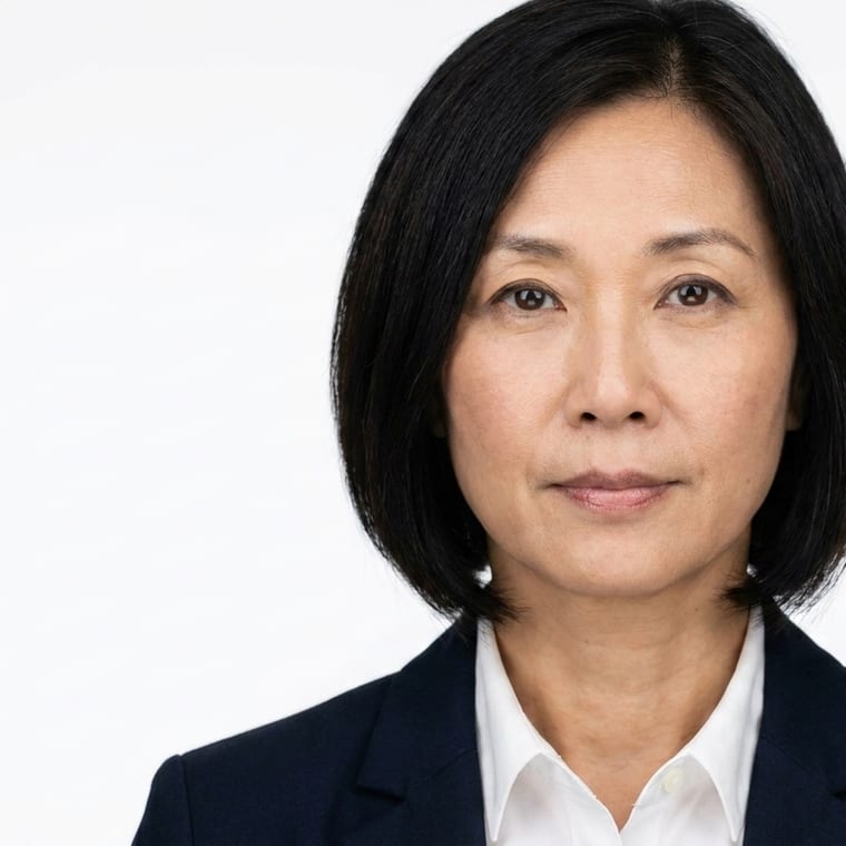 The same executive portrait subject on a white backdrop, lit with soft clamshell lighting.