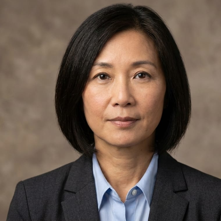 The same executive portrait subject on a hand-painted canvas backdrop, lit with north-facing window light.