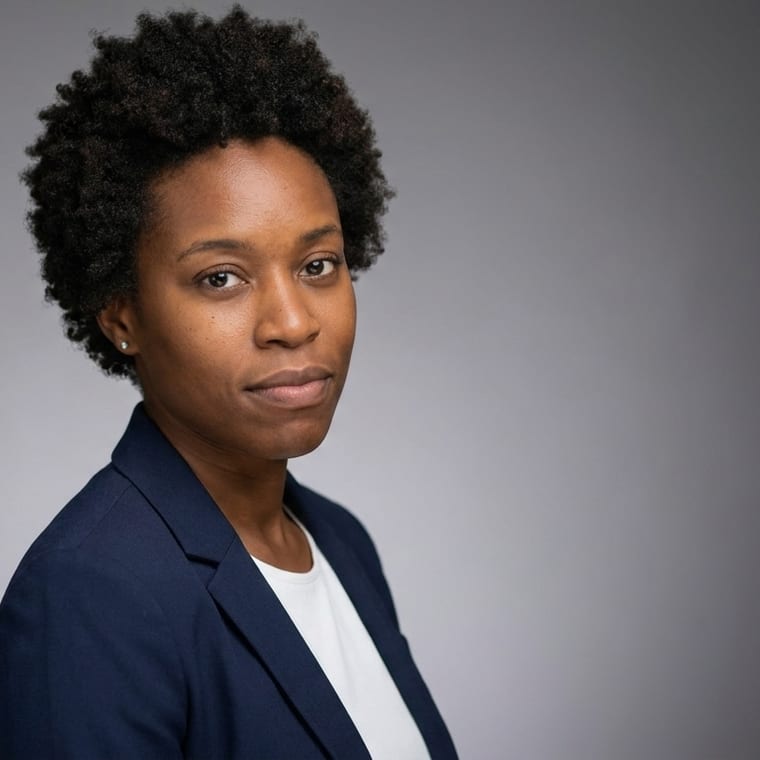 LinkedIn headshots: woman with short curls in a navy blazer on a grey studio backdrop