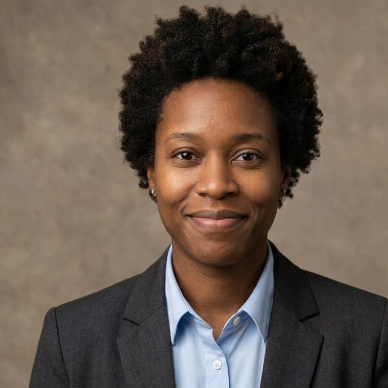 The same person on a taupe studio backdrop, lit with a soft key light, body turned three-quarters to the camera.