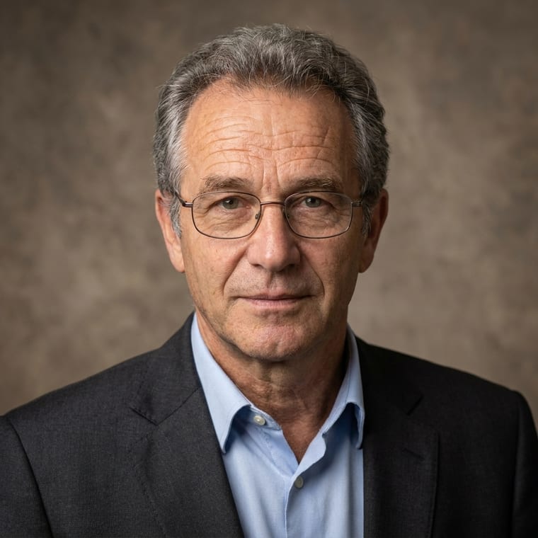 A man in his early fifties, grey hair and lined face, photographed against a warm painted canvas backdrop in soft north light