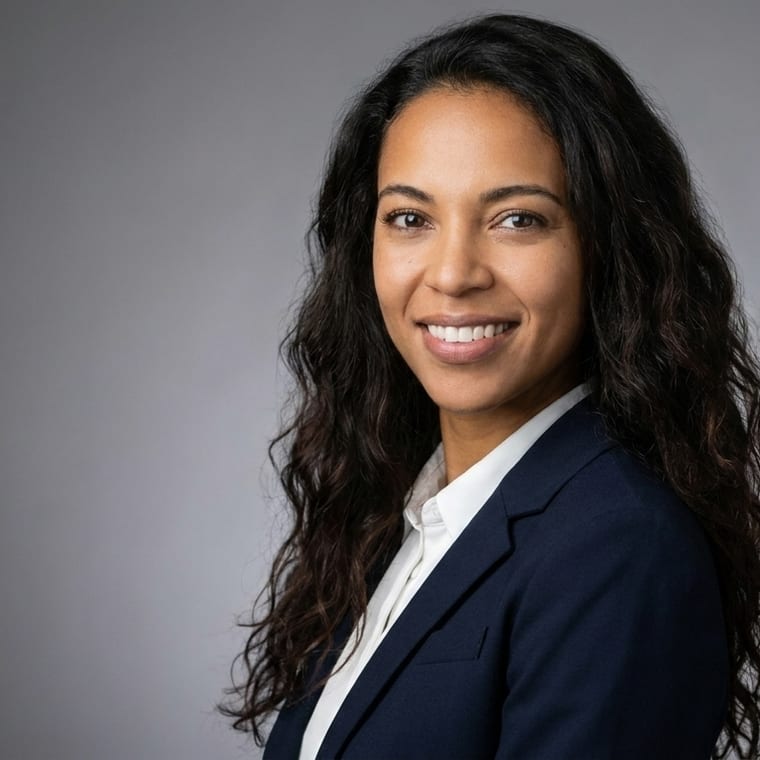 The same person on a grey studio background, lit with a soft key light, body turned three-quarters to the camera.