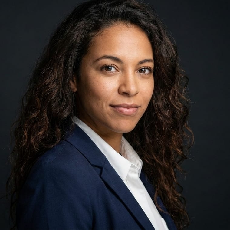 Woman with curly hair wearing navy blazer against dark studio background