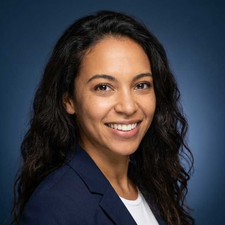 Smiling woman in navy blazer against a blue studio background
