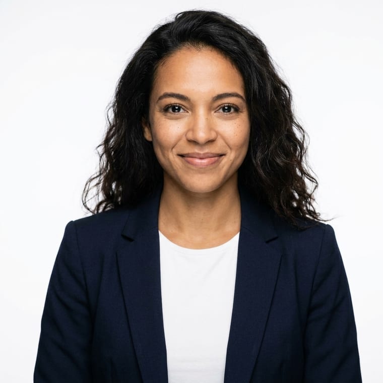 The same person on a plain light background, lit with soft clamshell lighting, facing the camera square on.