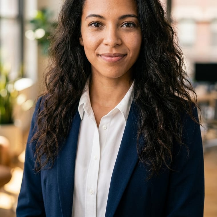 The same person in a softly lit office interior, lit by window daylight, a relaxed lean toward the camera.