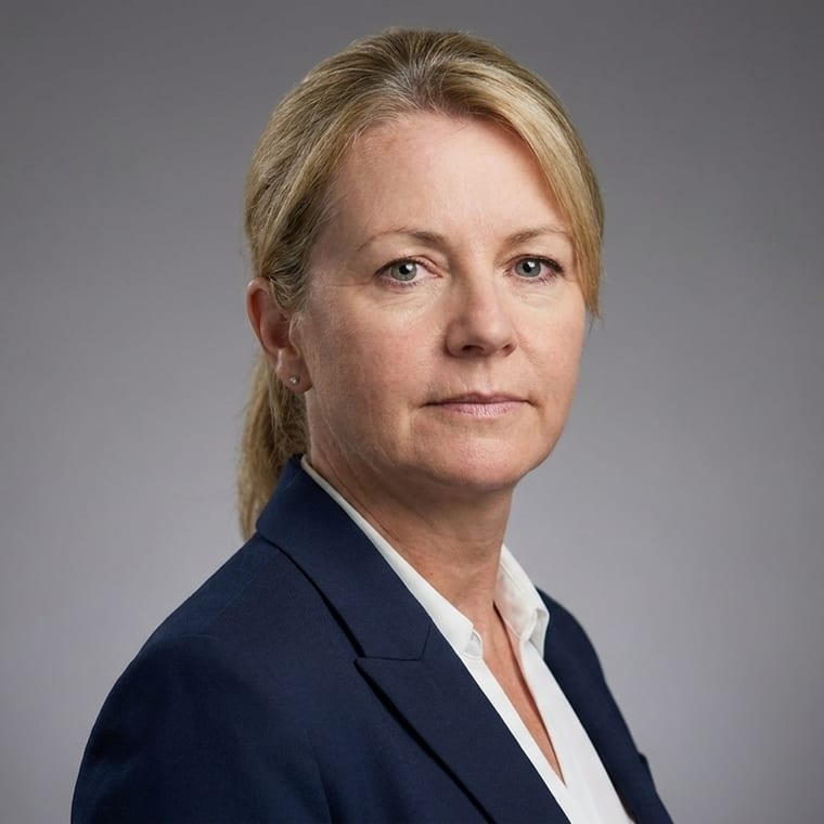 A woman in her early forties on a grey seamless backdrop, softbox key light.