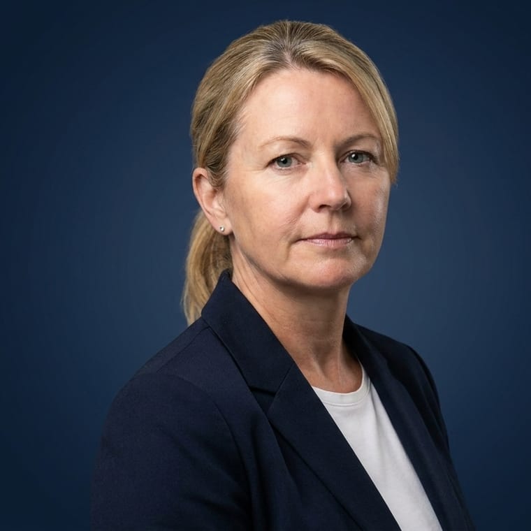 Woman in navy blazer against dark blue studio background