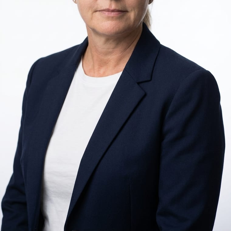 Online headshots: woman in a navy blazer and white top, cropped head and shoulders on a light ground