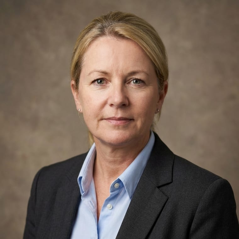 The same person in a dark blazer and blue shirt on a taupe studio backdrop, lit with a soft key light.